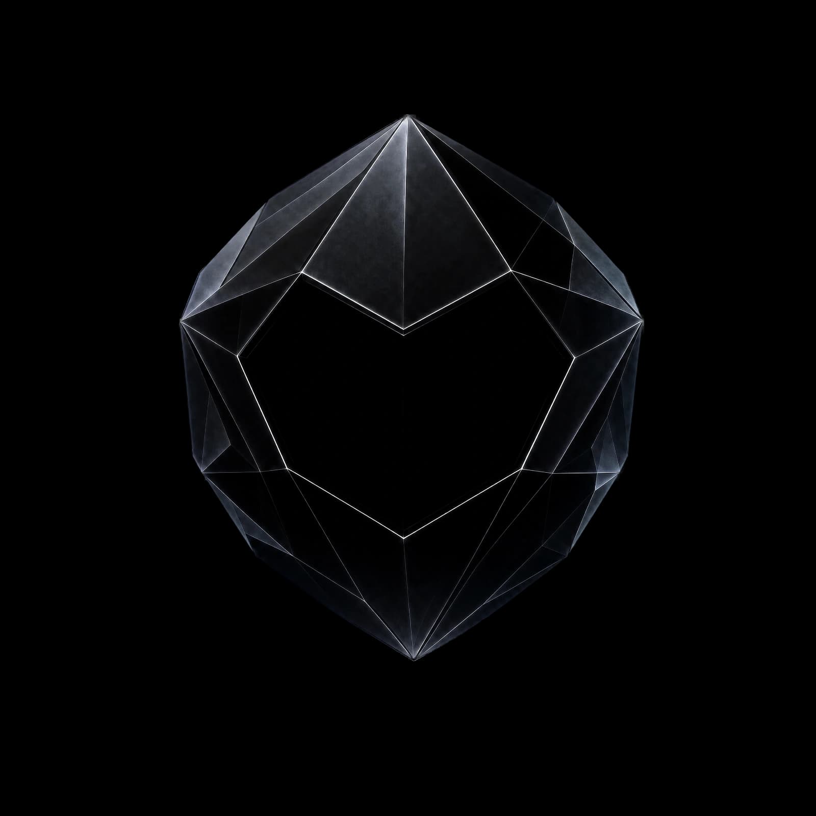 Vexael — a faceted dark form with a cyan aperture, held inside orbiting rings of light.